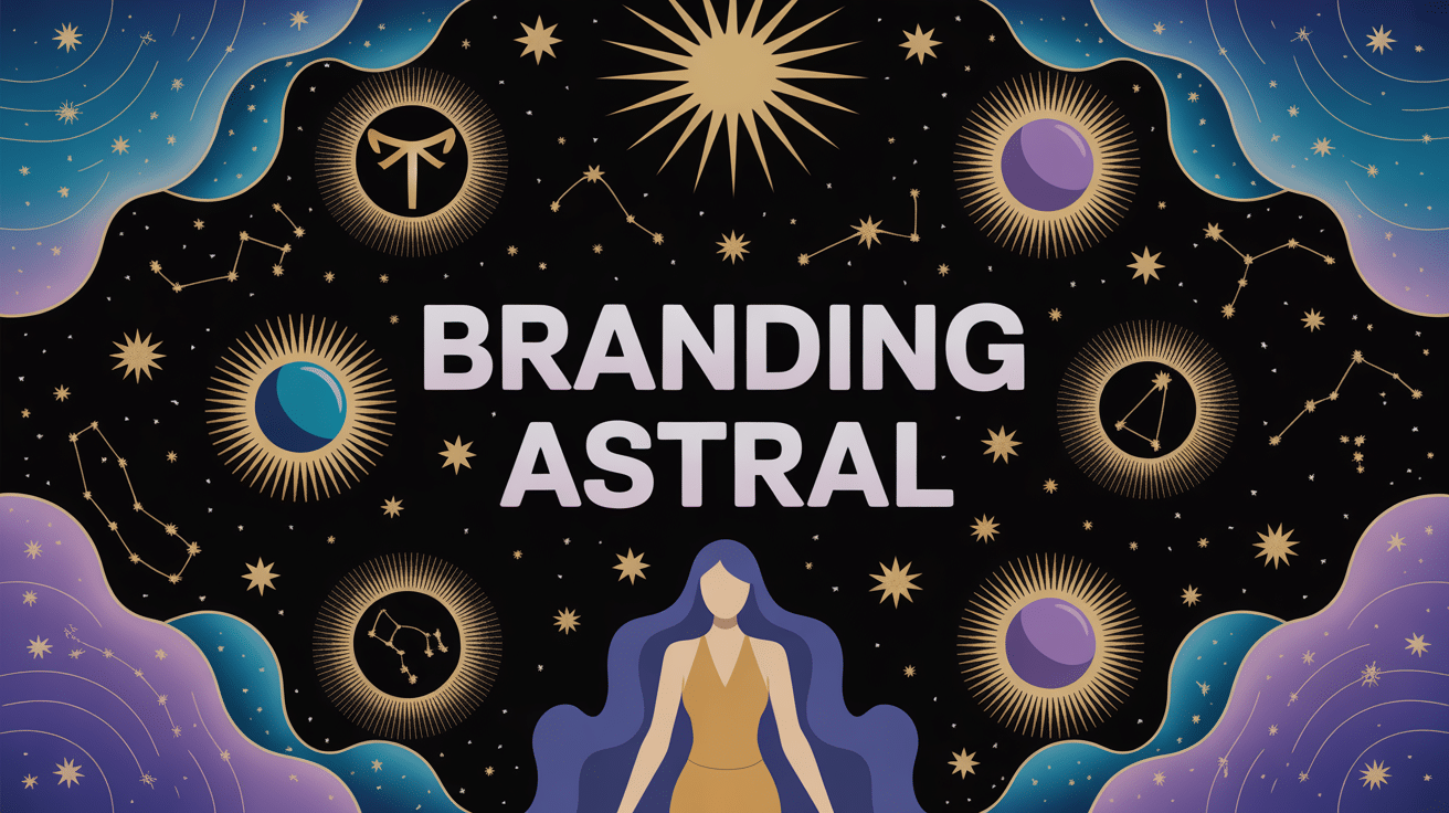 Illustration moderne de branding astral avec symboles astrologiques.