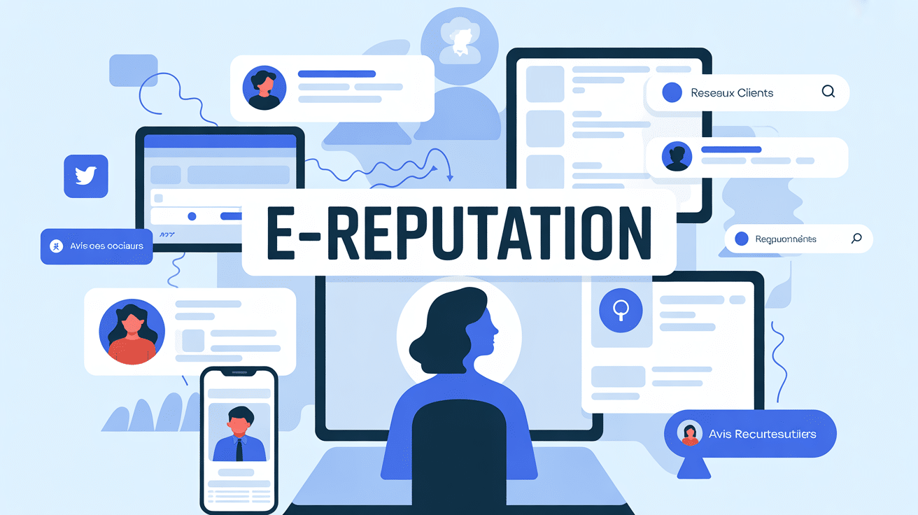 E-réputation entourée de réseaux sociaux et avis