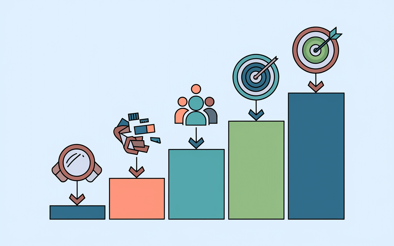 Approche marketing en étapes avec icônes
