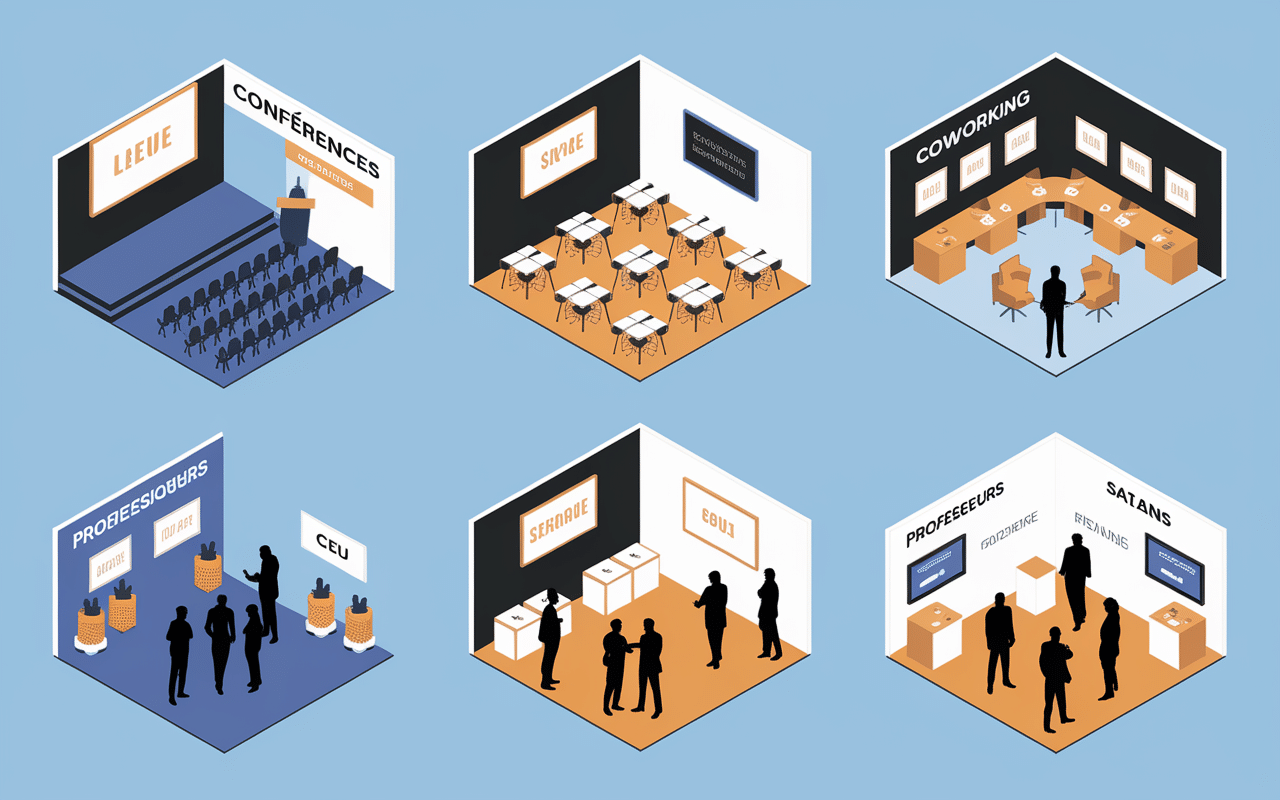 Différents lieux de rencontre: conférences, coworking, salons