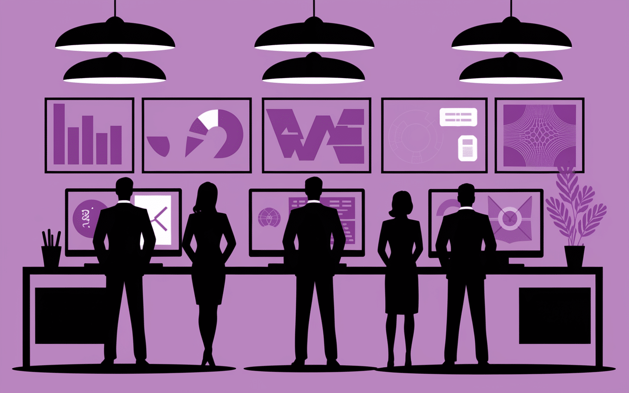 Entrepreneurs analysant logos violets au bureau