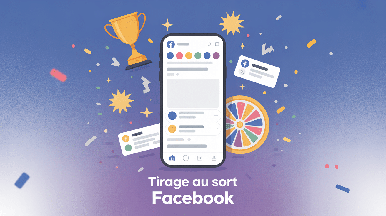 Tirage au sort Facebook avec smartphone, trophée et confettis