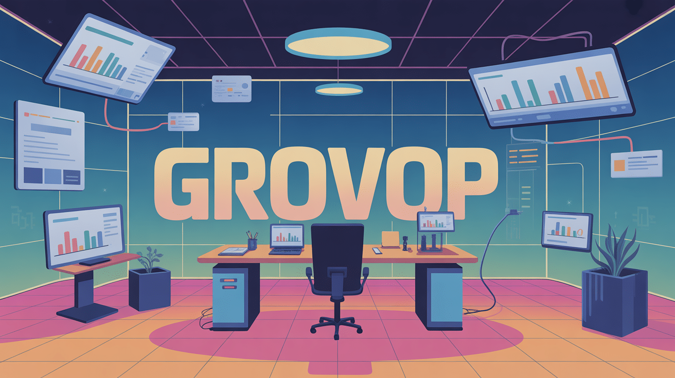 Illustration grovop bureau futuriste écrans connectés