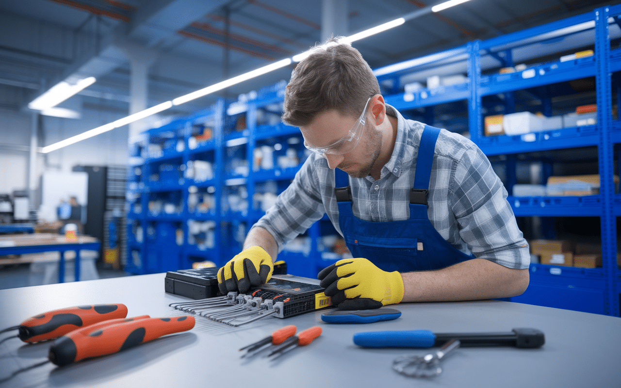 technicien installant hub harnes atelier industriel