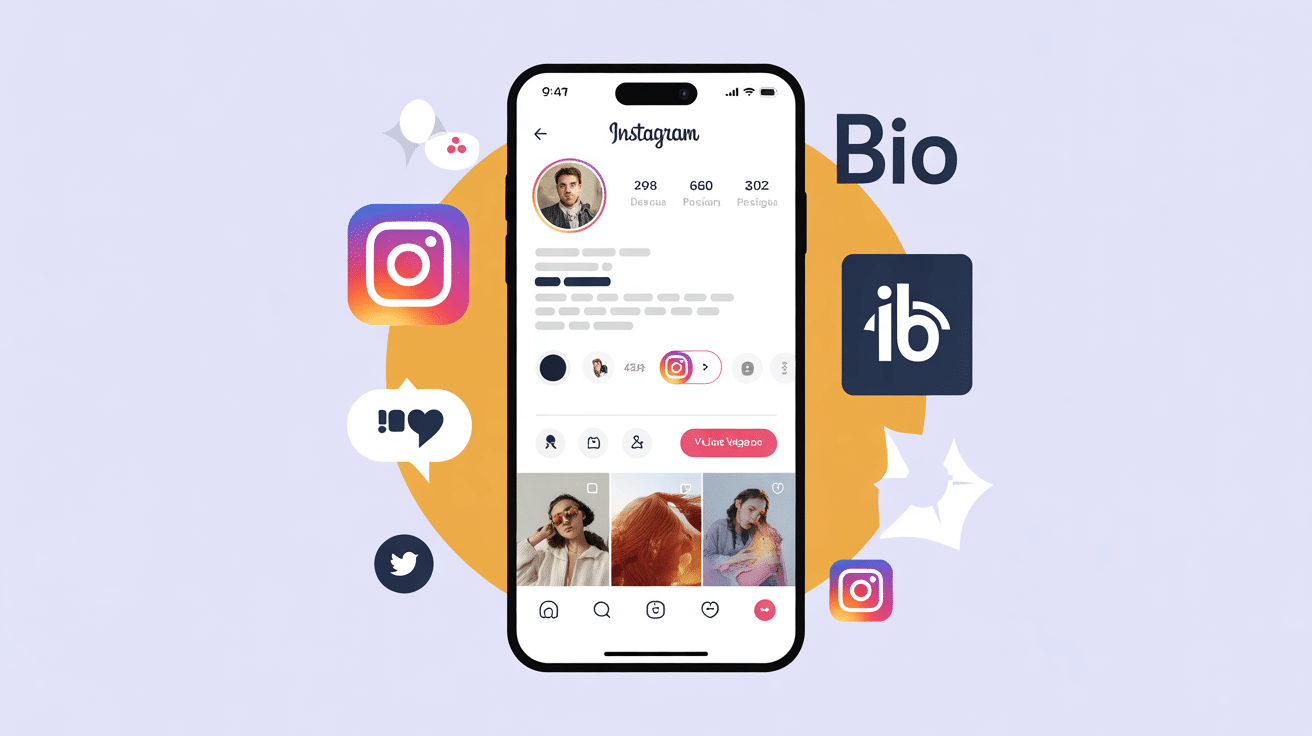 Smartphone avec bio Instagram et icons sociaux