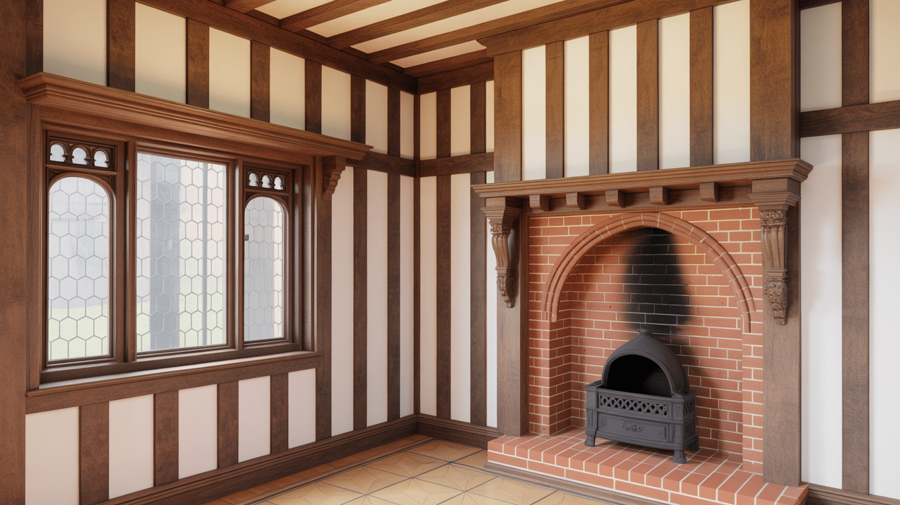 Gros plan matériaux architectural style tudor poutres menaux cheminée