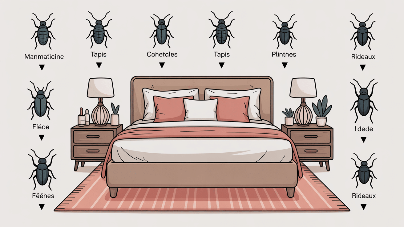 Cachettes lit petit insecte noir rond maison schéma chambre