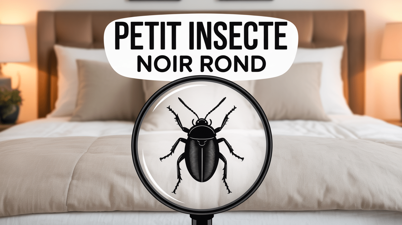 Petit insecte noir rond sur lit maison loupe détails