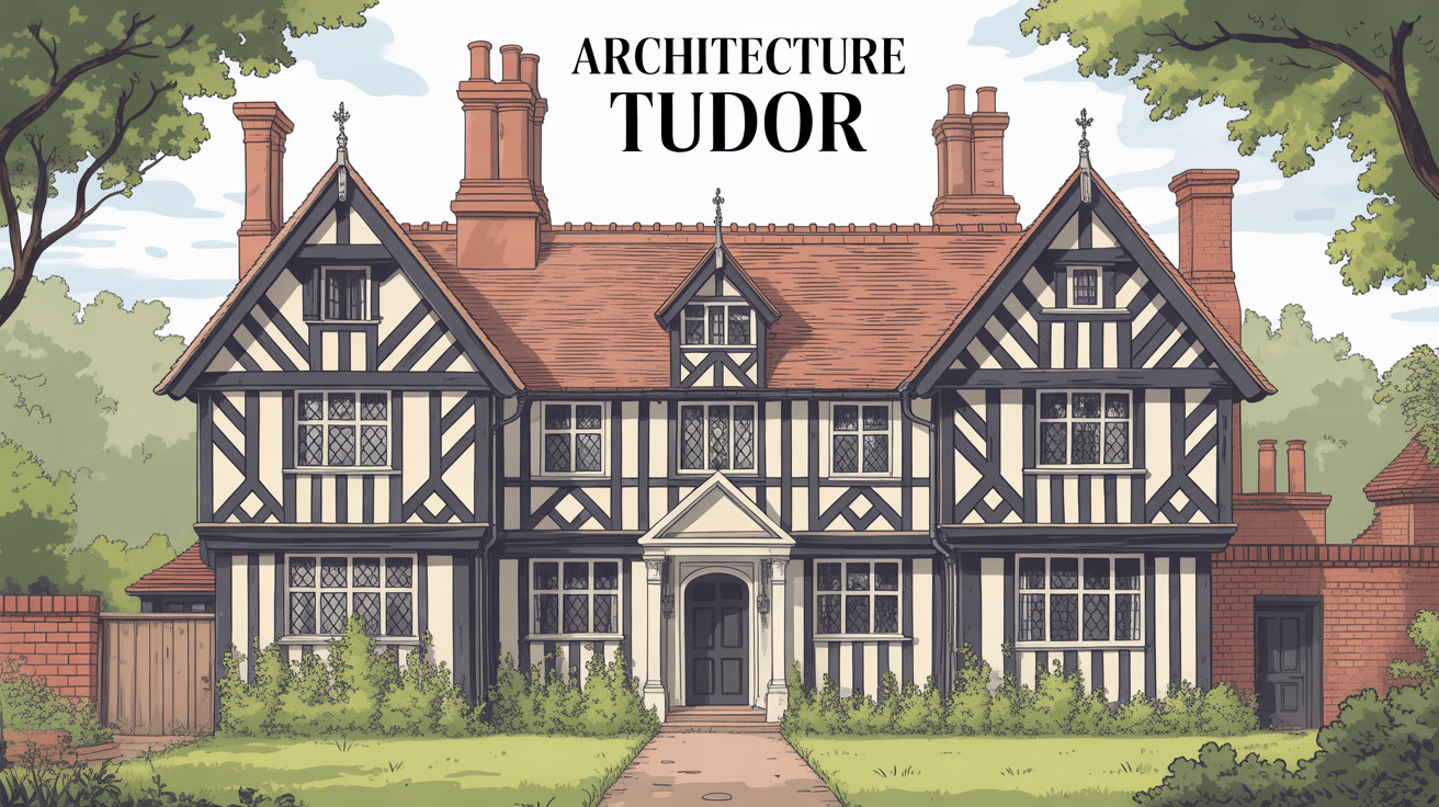 Maison architectural style tudor avec poutres bois et toiture tuile rouge