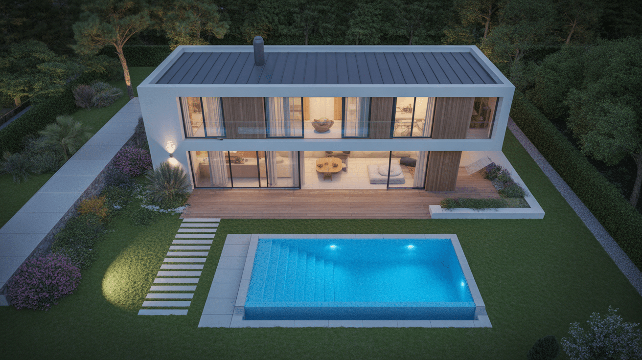 Vue aérienne piscine à 1 m de la maison moderne