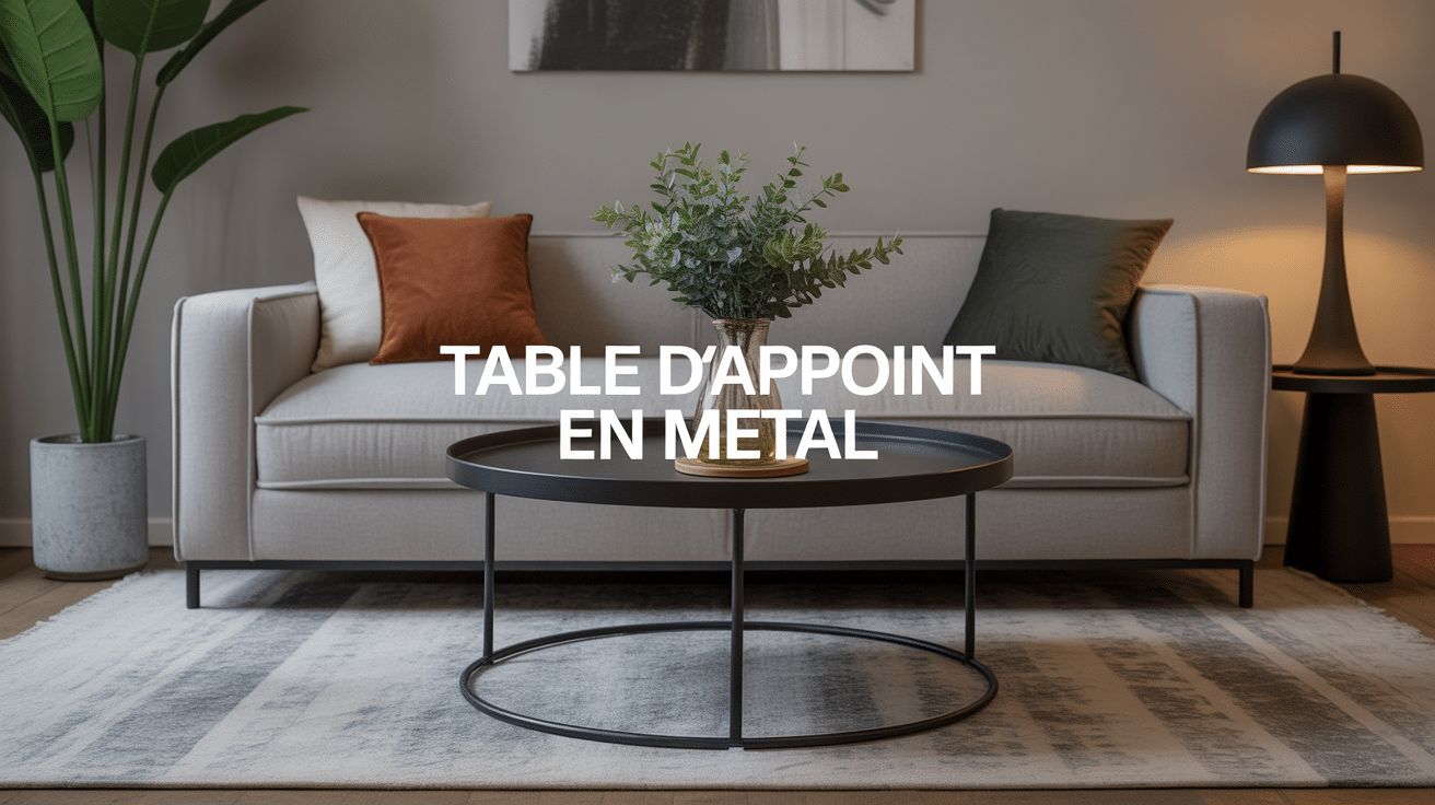 Table d appoint metal noire moderne à côté d un canapé