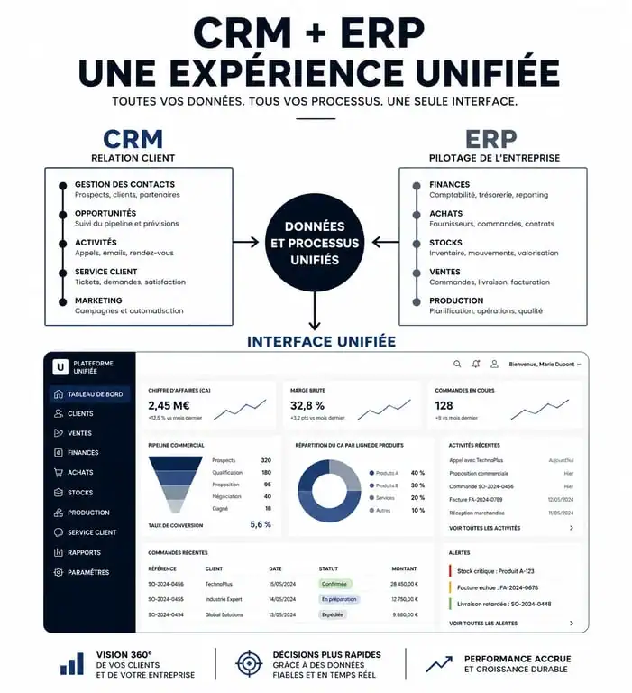 Schéma de fonctionnement de la solution AlyaManager unifiant CRM et ERP pour la gestion d'entreprise