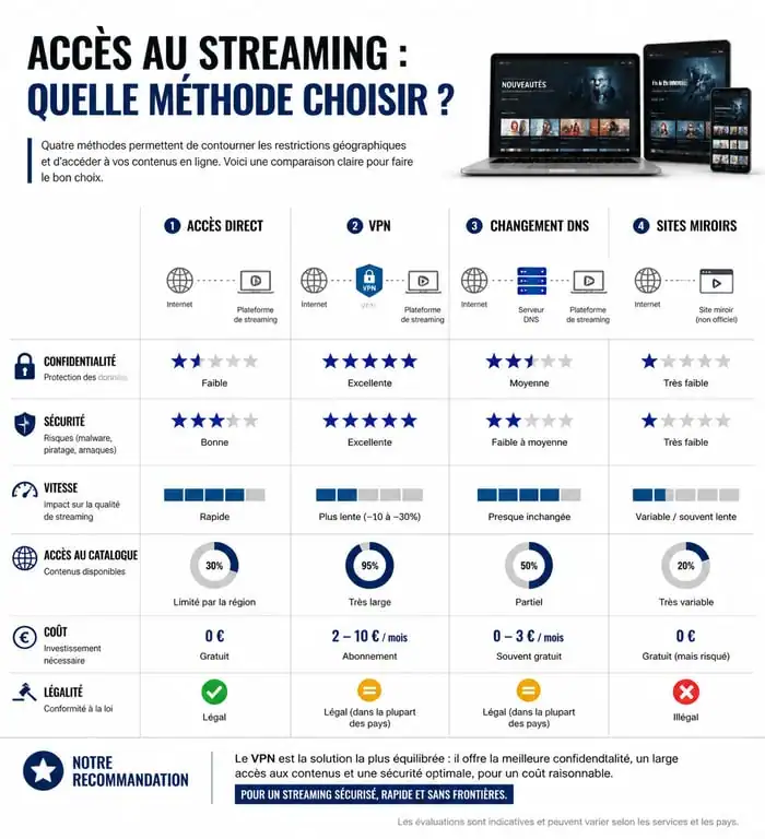 Infographie comparative des risques et de l'efficacité des méthodes d'accès au streaming comme Zakmav