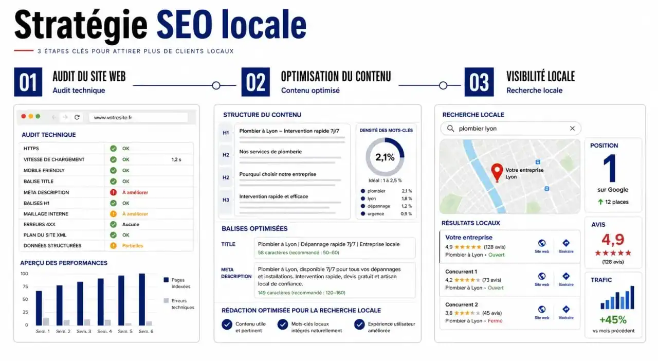 Infographie des étapes clés d'une stratégie de consultant SEO à La Rochelle pour améliorer la visibilité locale