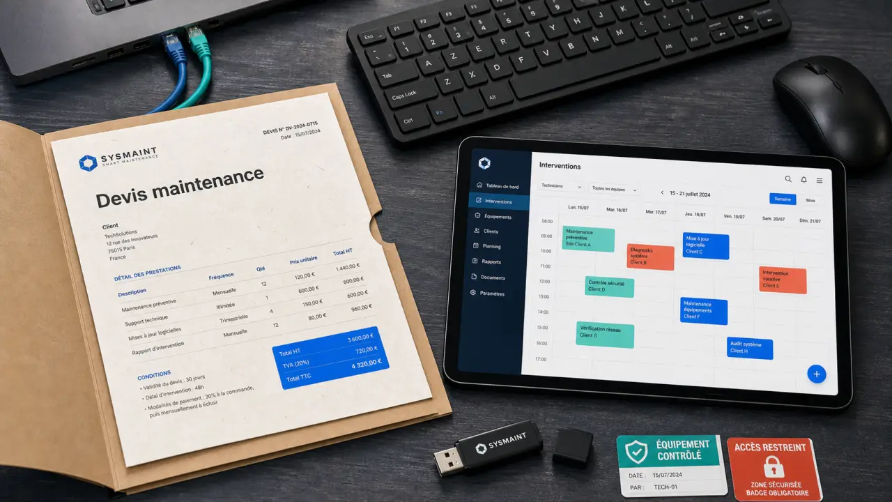 Devis maintenance informatique : clavier, souris et document de devis sur table