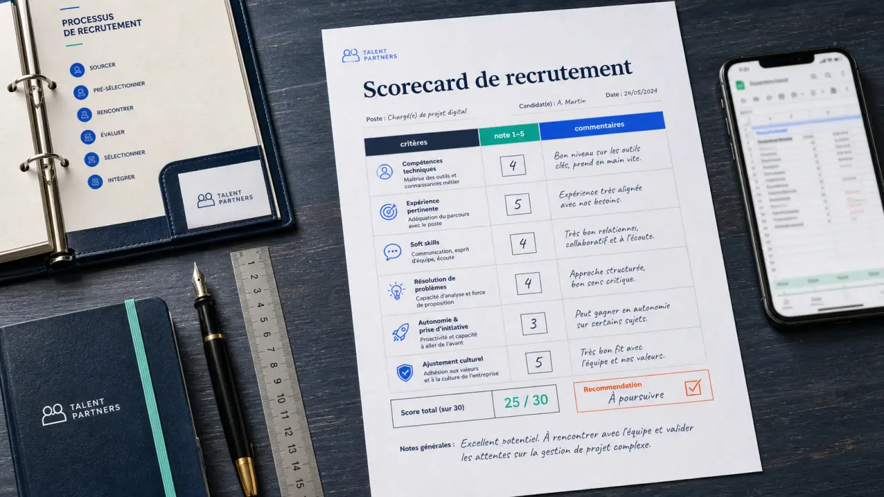 Scorecard recrutement : critères et notes 1–5 sans biais