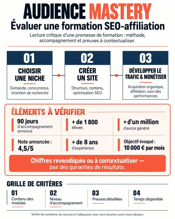 Infographie Audience Mastery sur la méthode SEO-affiliation et les critères de vérification