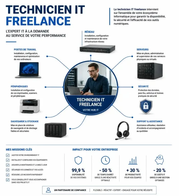 Schéma illustrant le rôle d'un technicien informatique freelance dans la gestion d'un parc informatique