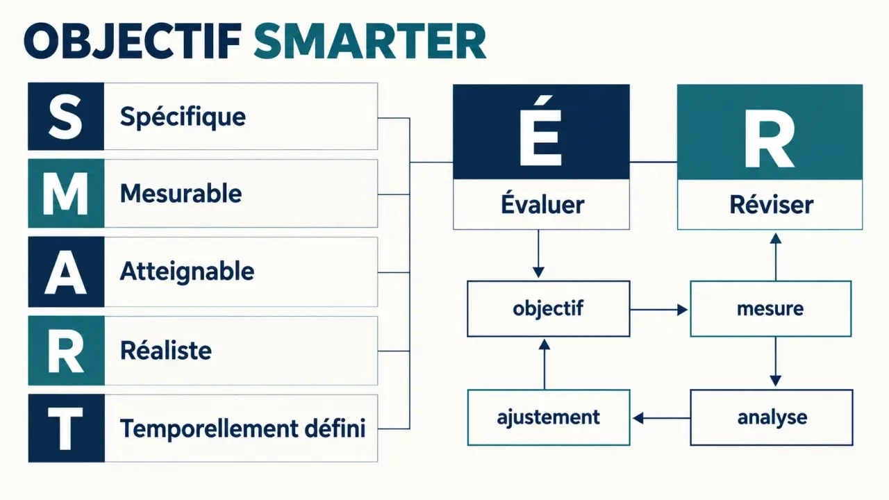 Objectif SMARTER : schéma des critères SMART, de l’évaluation et de la révision