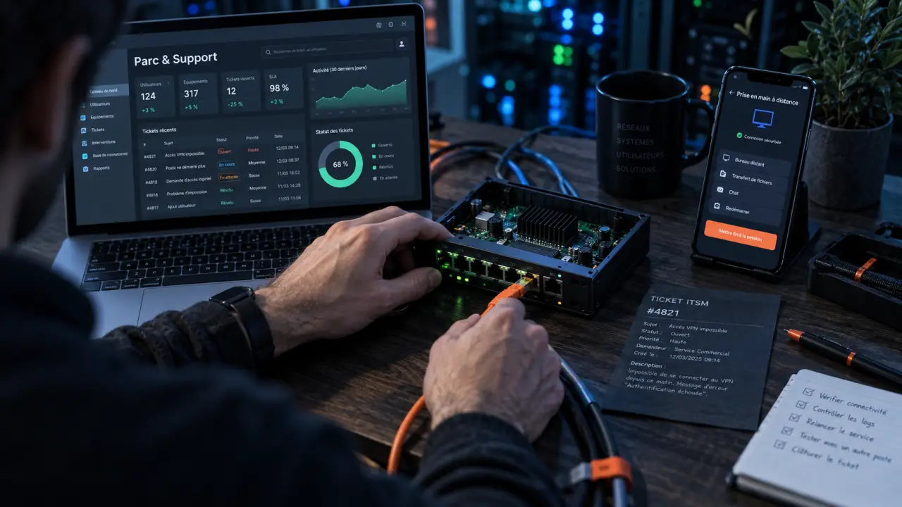 Freelance technicien informatique branche câble Ethernet sur mini-switch